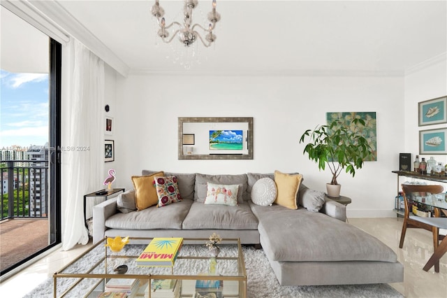 living room featuring crown molding and an inviting chandelier