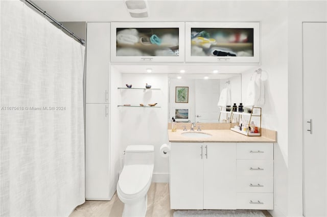 bathroom with vanity, toilet, and a shower with shower curtain