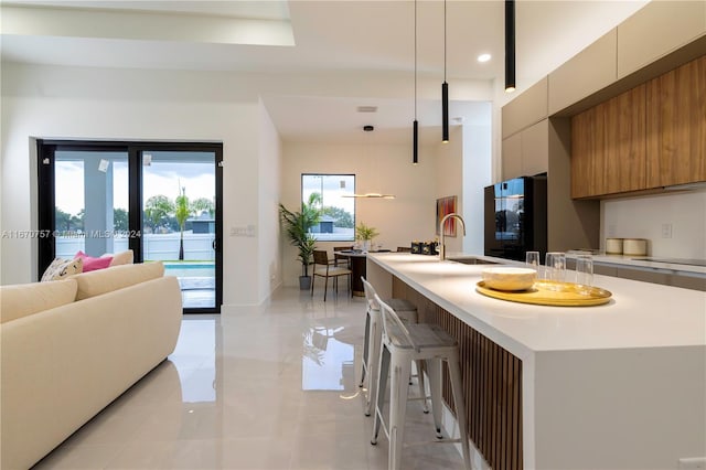 kitchen with a kitchen breakfast bar, hanging light fixtures, black fridge, sink, and french doors