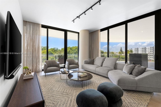 living room with a wall of windows, hardwood / wood-style floors, and rail lighting