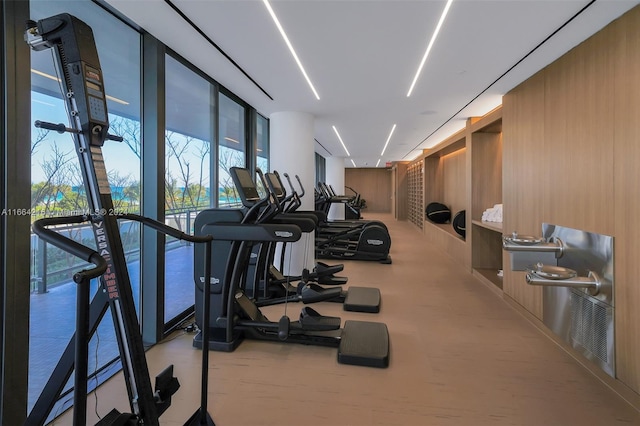 exercise room featuring wooden walls