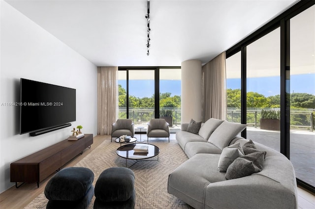 living room with expansive windows, track lighting, and light hardwood / wood-style floors