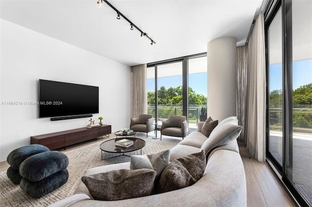 living room featuring light hardwood / wood-style floors, track lighting, and a wall of windows