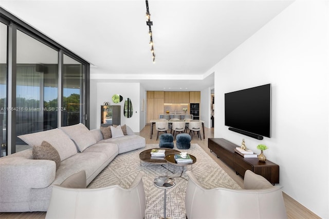 living room with track lighting and hardwood / wood-style floors