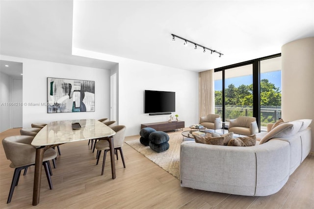 living room featuring floor to ceiling windows, light hardwood / wood-style flooring, and track lighting