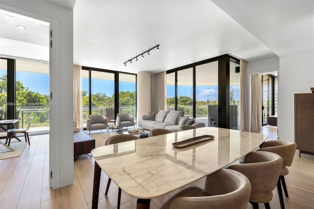 dining space with rail lighting, light hardwood / wood-style floors, and expansive windows