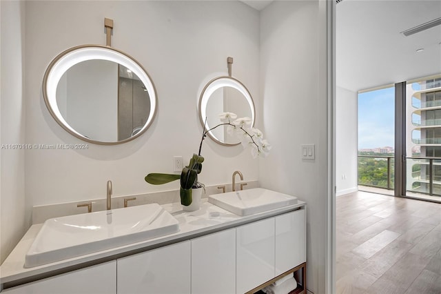 bathroom with hardwood / wood-style floors, vanity, and floor to ceiling windows