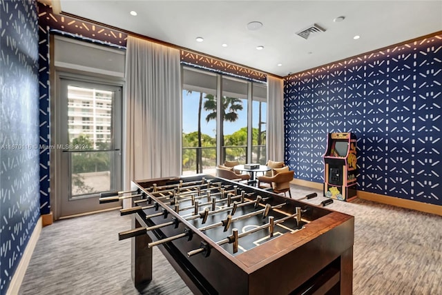 recreation room featuring carpet floors and plenty of natural light