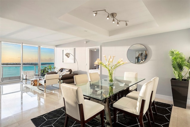 dining room with a water view, a tray ceiling, and a wall of windows