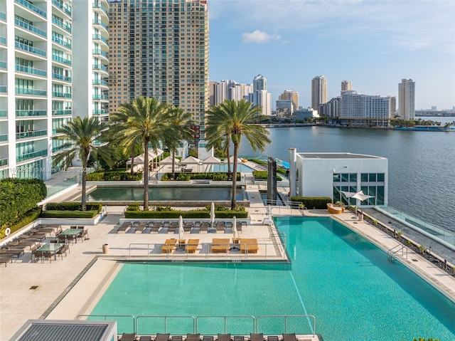 view of pool featuring a water view and a patio area