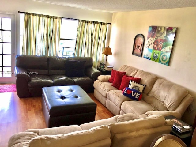 living area featuring a textured ceiling and wood finished floors