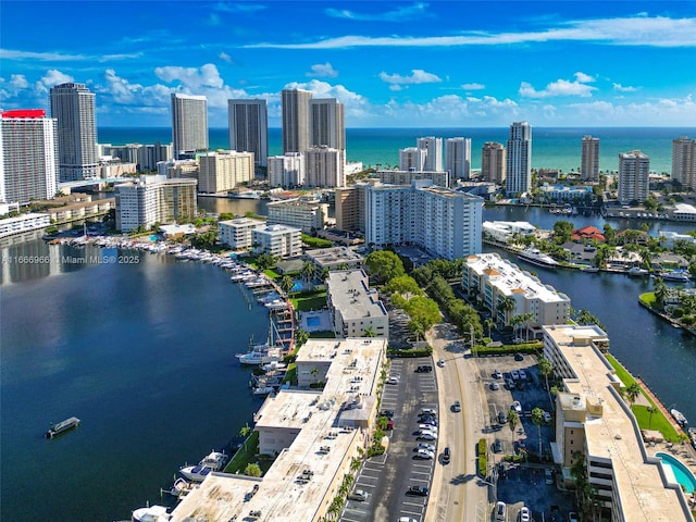 bird's eye view with a water view and a city view