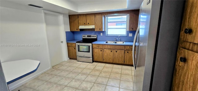 kitchen featuring appliances with stainless steel finishes, a raised ceiling, and sink