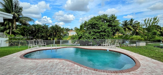 view of pool featuring a patio and a yard