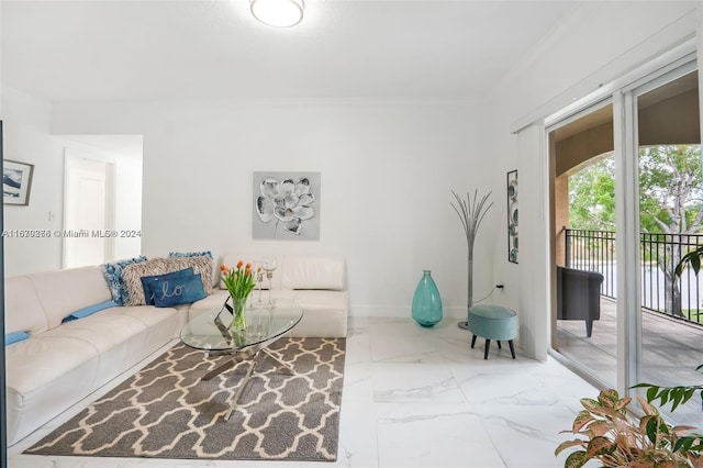 living room with ornamental molding