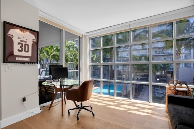 home office with a wall of windows and light hardwood / wood-style flooring