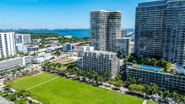 birds eye view of property featuring a water view