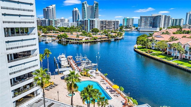 aerial view featuring a water view