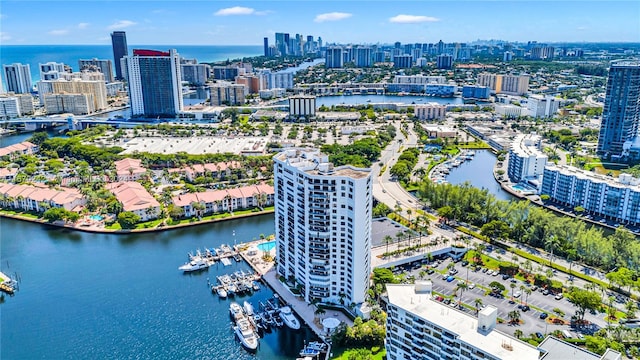 bird's eye view with a water view