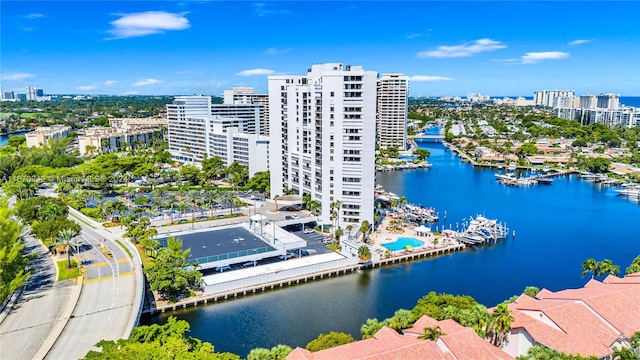 birds eye view of property featuring a water view