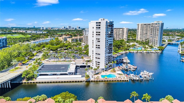 aerial view featuring a water view