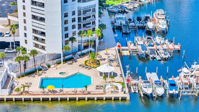 drone / aerial view with a water view