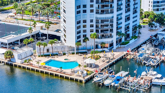 bird's eye view with a water view