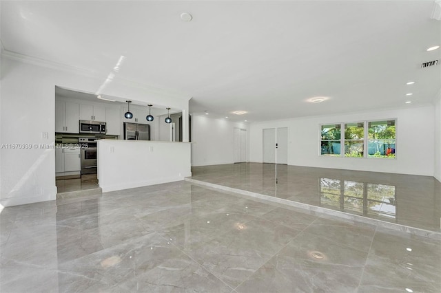 unfurnished living room with baseboards, visible vents, marble finish floor, and crown molding