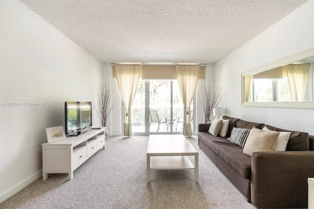 living room featuring light colored carpet and a textured ceiling