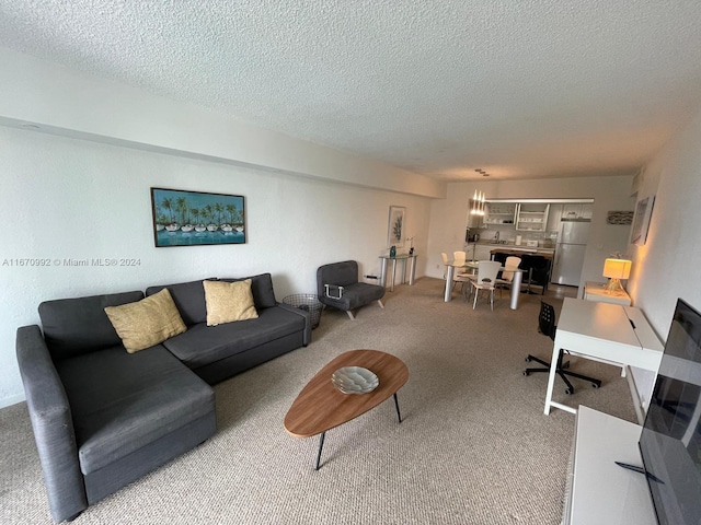 carpeted living room with a textured ceiling