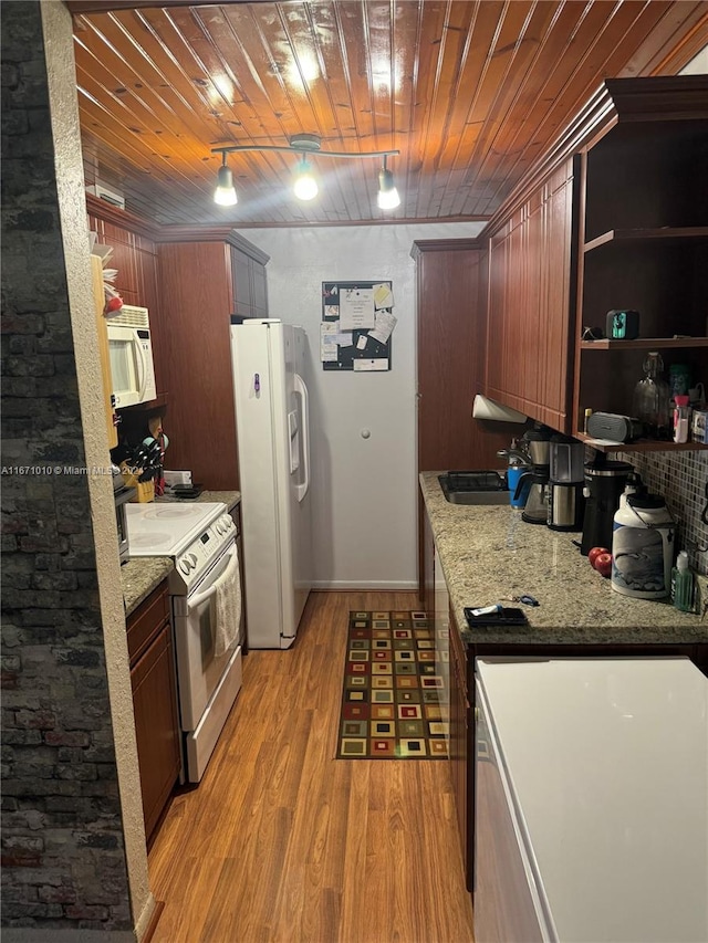 kitchen with sink, light hardwood / wood-style floors, white appliances, and wooden ceiling