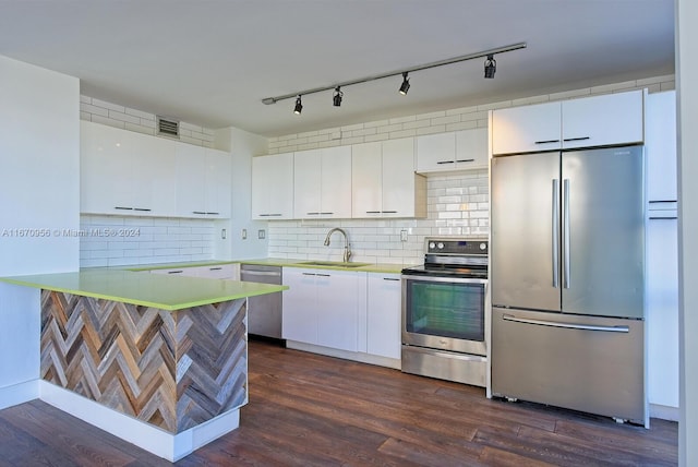 kitchen featuring sink, white cabinetry, appliances with stainless steel finishes, dark hardwood / wood-style floors, and decorative backsplash