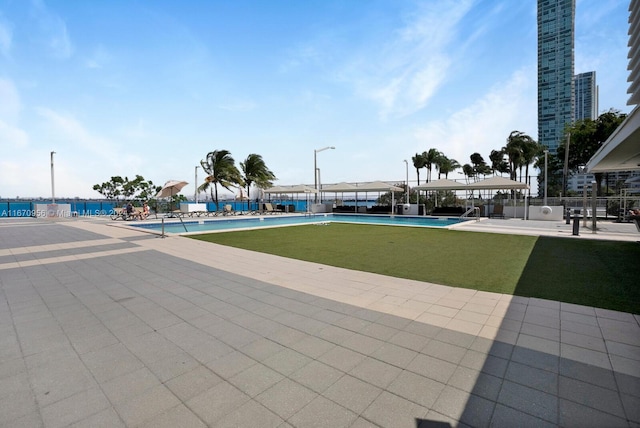 view of swimming pool featuring a patio area