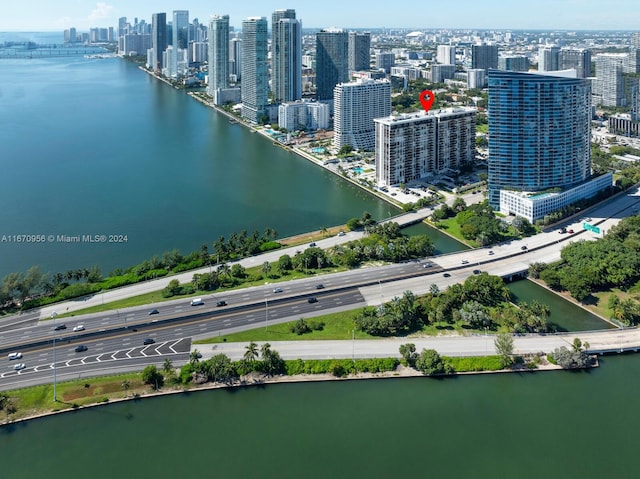 aerial view featuring a water view