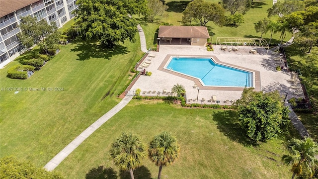 view of pool featuring a patio and a lawn