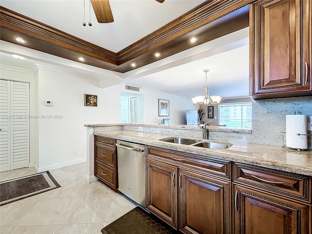 kitchen with a sink, dishwasher, ornamental molding, light stone countertops, and visible vents
