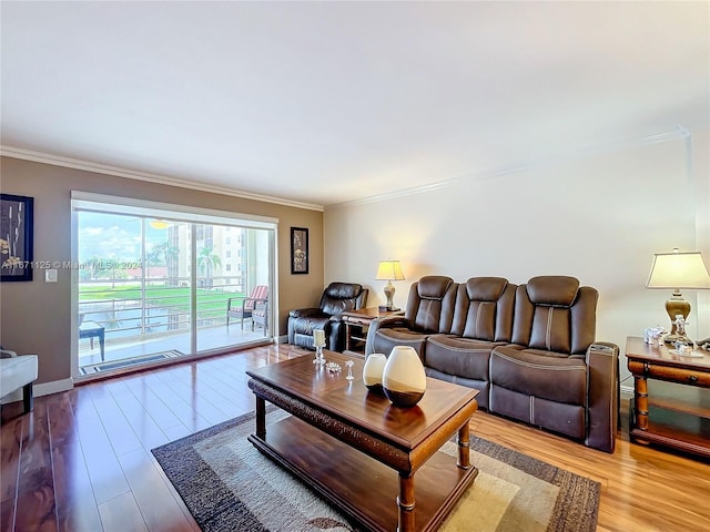 living room with hardwood / wood-style floors and crown molding