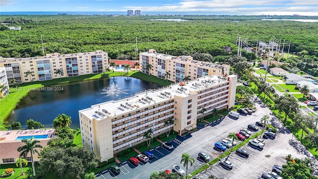 drone / aerial view with a water view