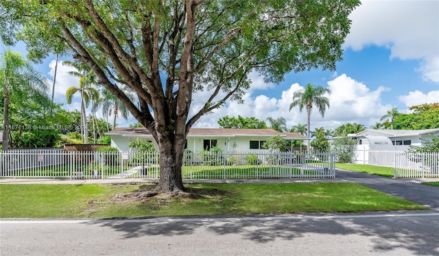 ranch-style home featuring a front lawn