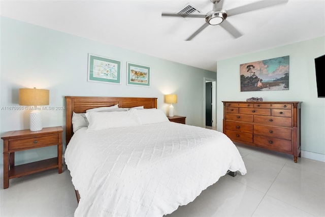 bedroom featuring ceiling fan and light tile patterned flooring