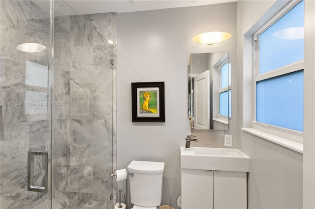 bathroom with an enclosed shower, vanity, and toilet