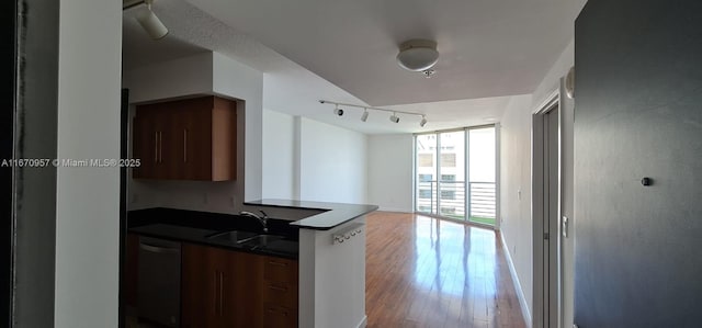 kitchen with sink, light hardwood / wood-style flooring, expansive windows, stainless steel dishwasher, and kitchen peninsula