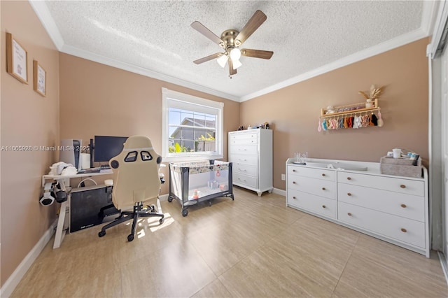 office featuring a textured ceiling, ceiling fan, and crown molding