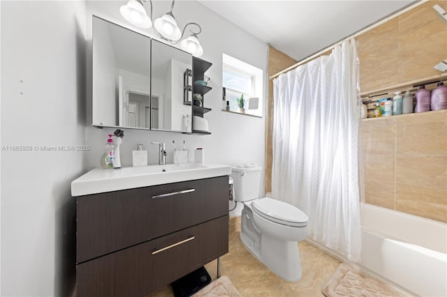 full bathroom with tile patterned floors, vanity, toilet, and shower / tub combo with curtain