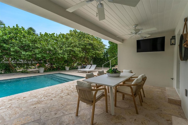 view of pool featuring ceiling fan and a patio area