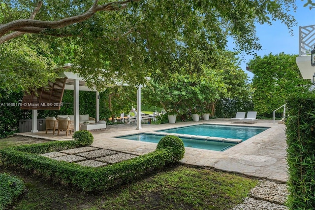 view of pool with an outdoor living space and a patio area