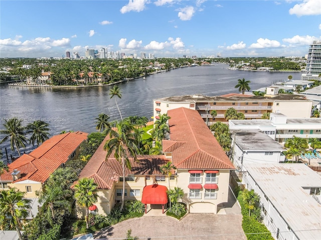 drone / aerial view featuring a water view