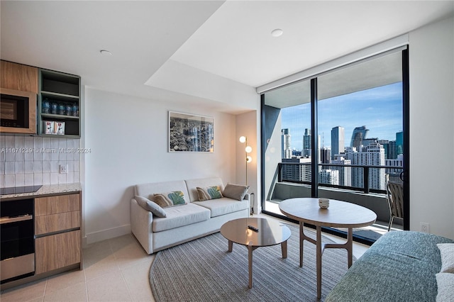 living room with a wall of windows