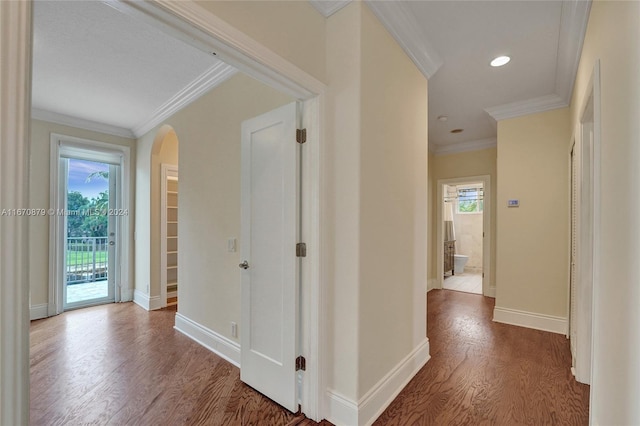 corridor featuring ornamental molding, wood-type flooring, and a healthy amount of sunlight