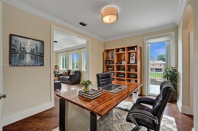 office area featuring ornamental molding and hardwood / wood-style flooring